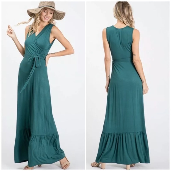 CLEARANCE Hunter Green Wrap Belted Sleeveless Maxi Dress - Picture 2 of 2